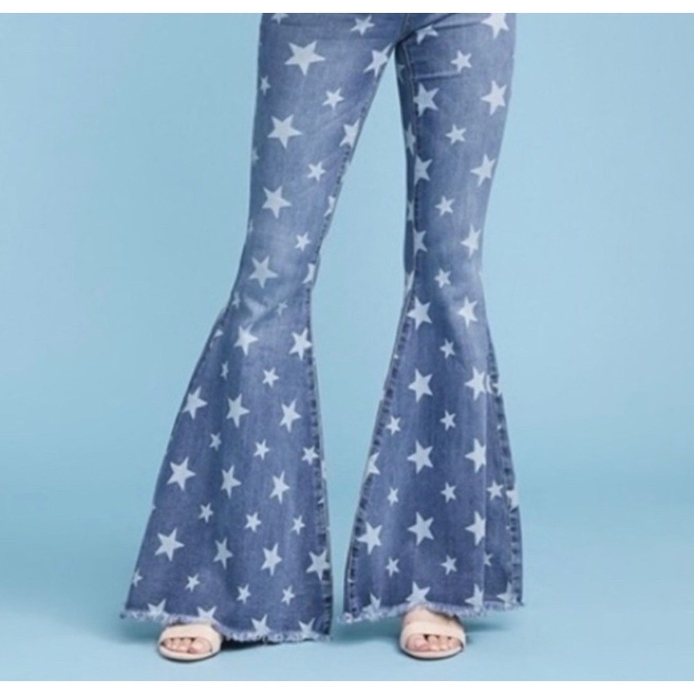 Judy Blue Super Flare Jeans Womens 5/27 High Rise Stars Print Blue Denim Stretch